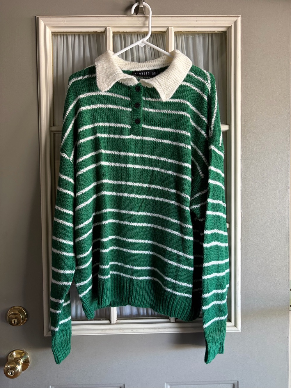 Lioness Rising Sun Green & White Striped Polo-Knit Sweater